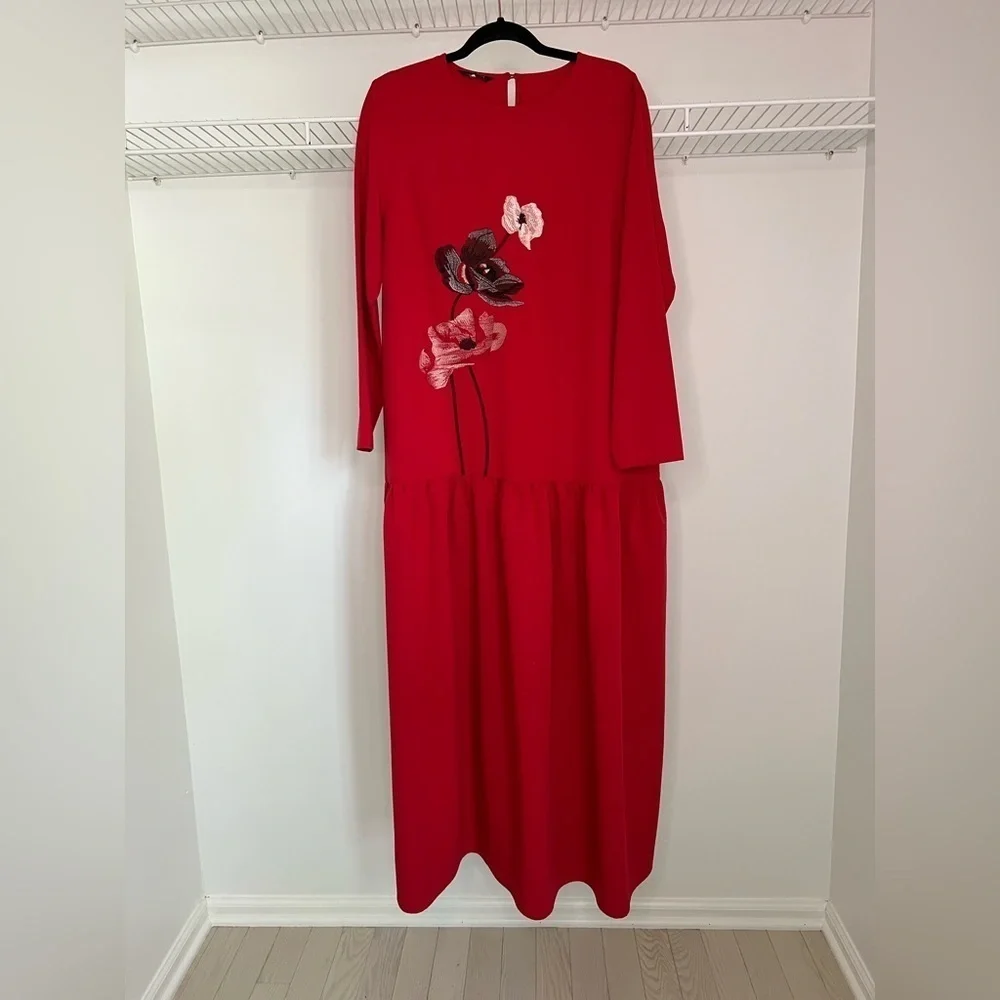 Misook Embroidered Floral Drop Waist Maxi Dress